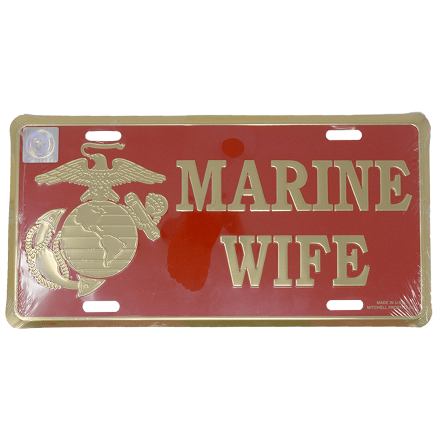 Marine Wife License Plate with Gold EGA Emblem on Red Metal